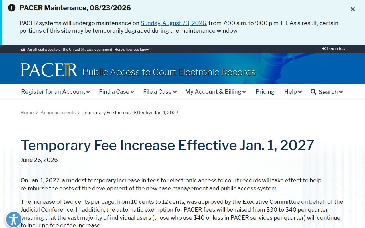 Lyerly court docket PACER fee update reference