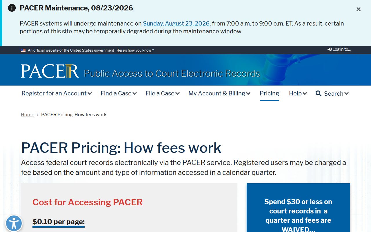 Menlo court docket PACER pricing reference